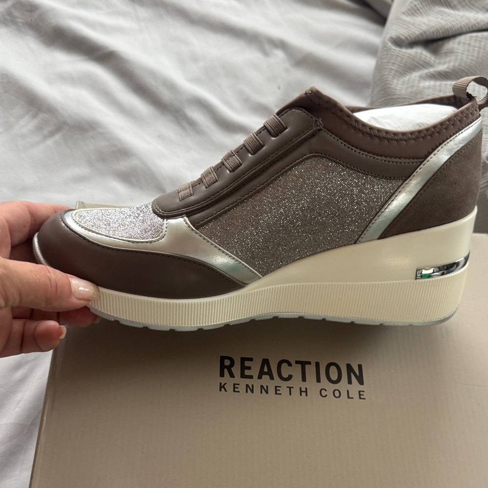Kenneth Cole Reaction Brown and Silver Wedge Sneaker with Glitter Panels
